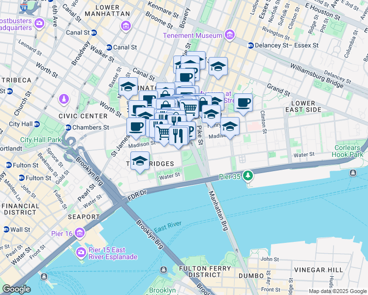 map of restaurants, bars, coffee shops, grocery stores, and more near 55 Monroe Street in New York