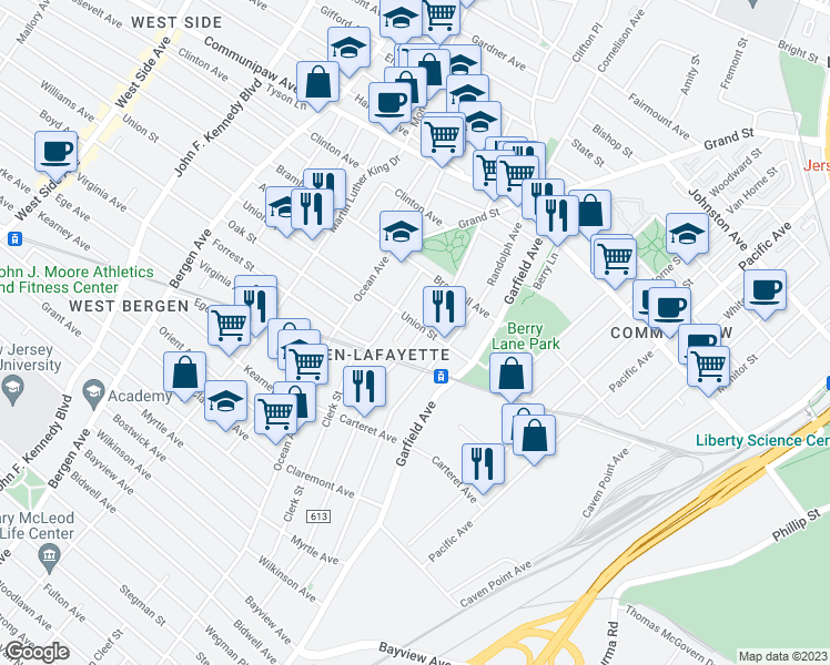 map of restaurants, bars, coffee shops, grocery stores, and more near 23 Union Street in Jersey City