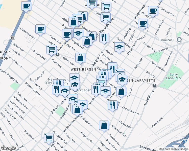 map of restaurants, bars, coffee shops, grocery stores, and more near 125 Orient Avenue in Jersey City