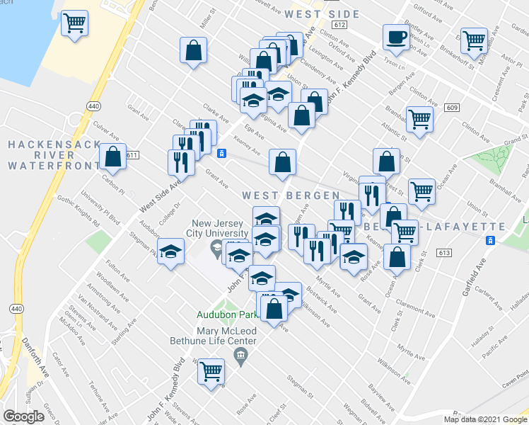 map of restaurants, bars, coffee shops, grocery stores, and more near in Jersey City
