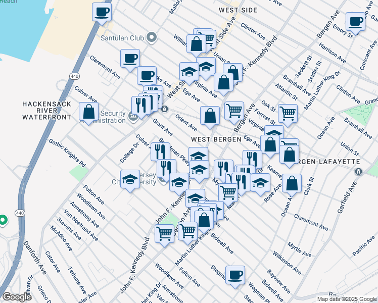 map of restaurants, bars, coffee shops, grocery stores, and more near in Jersey City