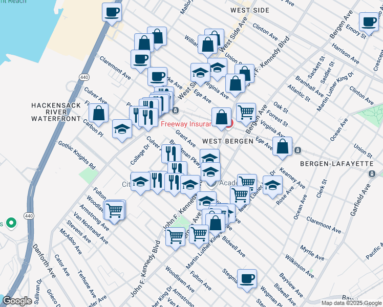 map of restaurants, bars, coffee shops, grocery stores, and more near 25 Broadman Parkway in Jersey City