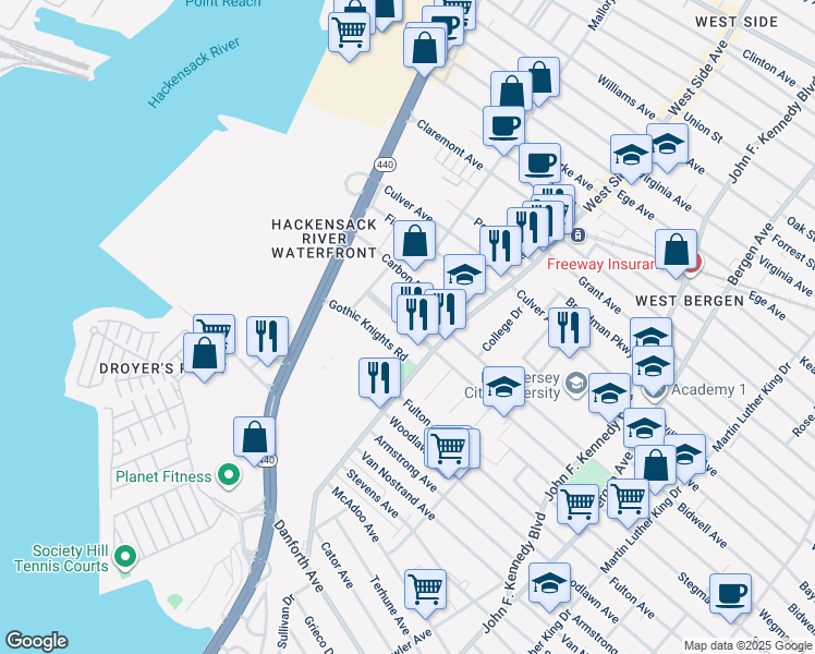 map of restaurants, bars, coffee shops, grocery stores, and more near 179 West Side Avenue in Jersey City