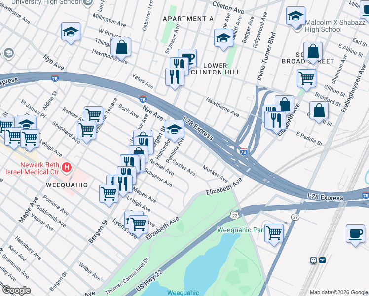 map of restaurants, bars, coffee shops, grocery stores, and more near 323-325 Meeker Avenue in Newark
