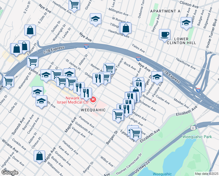 map of restaurants, bars, coffee shops, grocery stores, and more near 181 Shephard Avenue in Newark