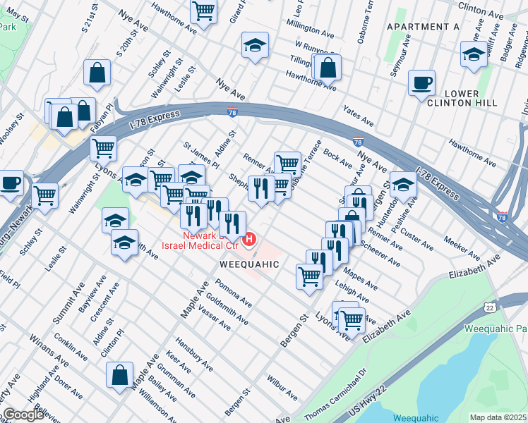 map of restaurants, bars, coffee shops, grocery stores, and more near 176 Huntington Terrace in Newark