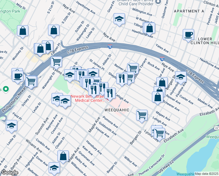 map of restaurants, bars, coffee shops, grocery stores, and more near 203 Schuyler Avenue in Newark