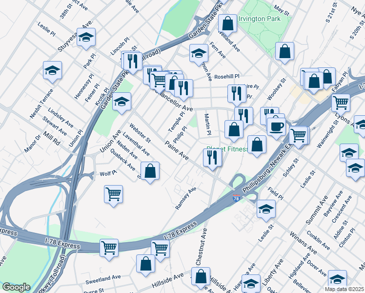 map of restaurants, bars, coffee shops, grocery stores, and more near 73-75 Bedford Terrace in Irvington