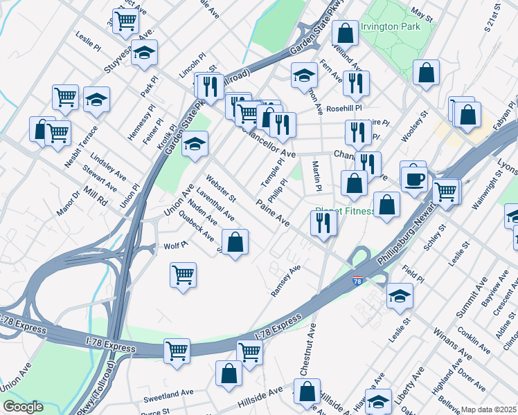 map of restaurants, bars, coffee shops, grocery stores, and more near 29 Webster Street in Irvington