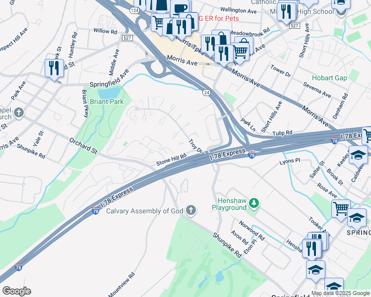 map of restaurants, bars, coffee shops, grocery stores, and more near 9A Stone Hill Road in Springfield