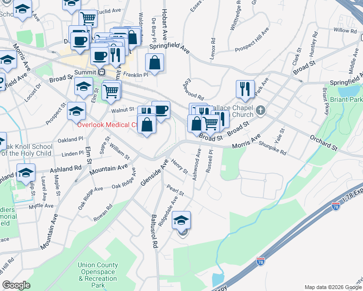 map of restaurants, bars, coffee shops, grocery stores, and more near 146 Morris Avenue in Summit