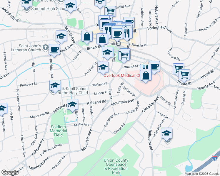 map of restaurants, bars, coffee shops, grocery stores, and more near 7 Linden Place in Summit