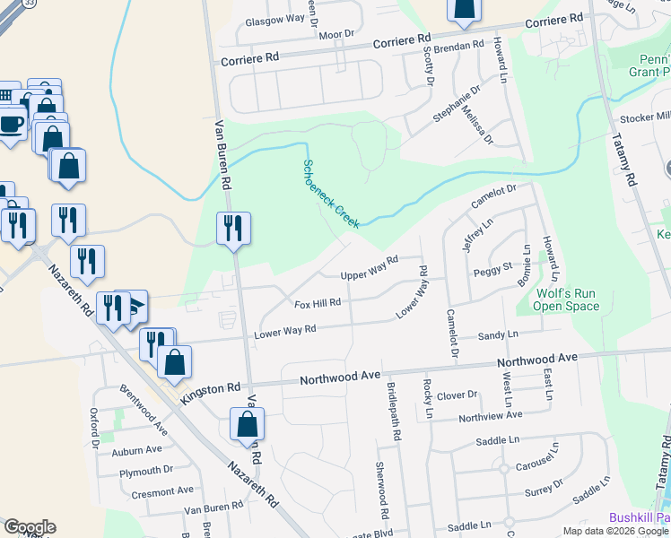 map of restaurants, bars, coffee shops, grocery stores, and more near 2 Ridge Road in Easton