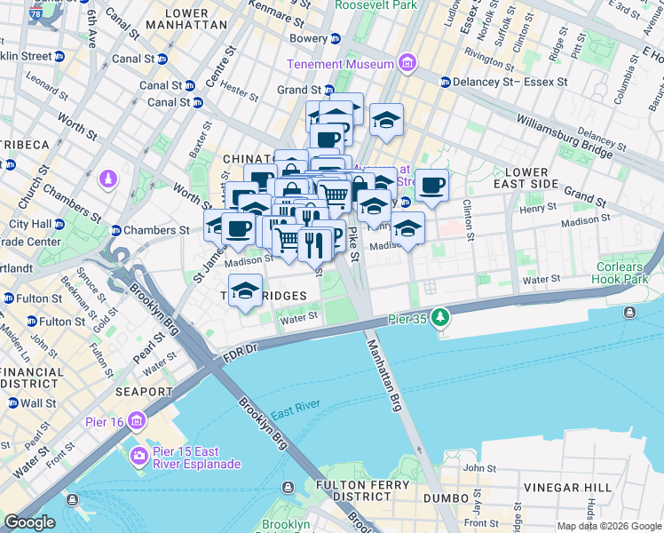 map of restaurants, bars, coffee shops, grocery stores, and more near 55 Monroe Street in New York
