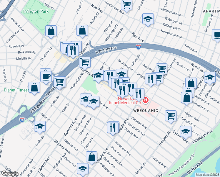 map of restaurants, bars, coffee shops, grocery stores, and more near in Newark