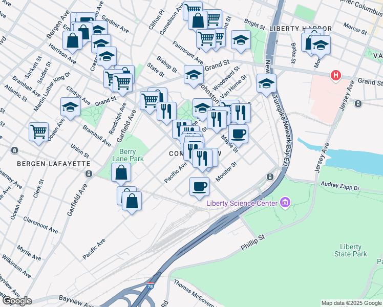 map of restaurants, bars, coffee shops, grocery stores, and more near in Jersey City