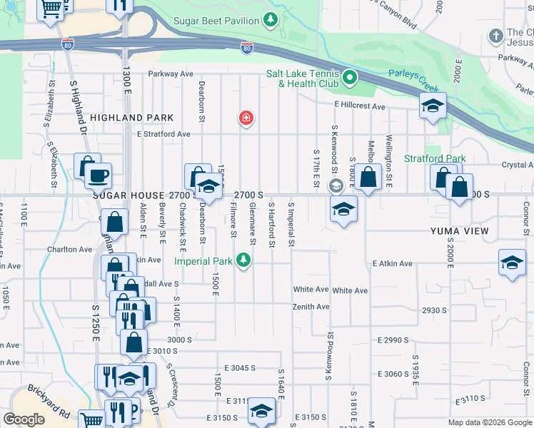 map of restaurants, bars, coffee shops, grocery stores, and more near 2734 South Hartford Street in Salt Lake City