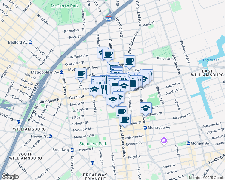 map of restaurants, bars, coffee shops, grocery stores, and more near 702 Grand Street in Brooklyn
