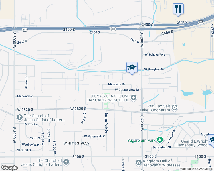 map of restaurants, bars, coffee shops, grocery stores, and more near 7417 Mineside Drive in Magna