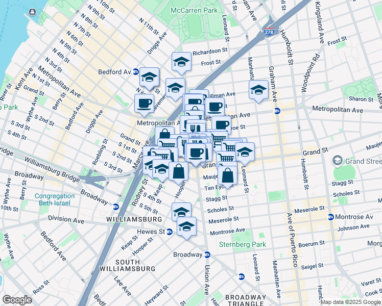 map of restaurants, bars, coffee shops, grocery stores, and more near 184 Hope Street in Brooklyn