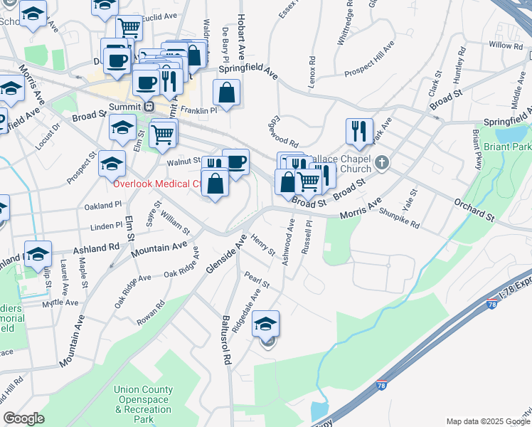 map of restaurants, bars, coffee shops, grocery stores, and more near 144 Morris Avenue in Summit