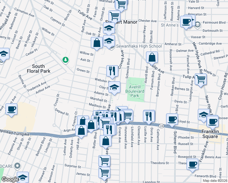 map of restaurants, bars, coffee shops, grocery stores, and more near 144 Covert Avenue in Elmont