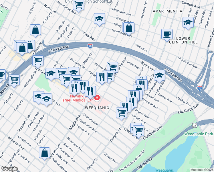 map of restaurants, bars, coffee shops, grocery stores, and more near 333 Osborne Terrace in Newark