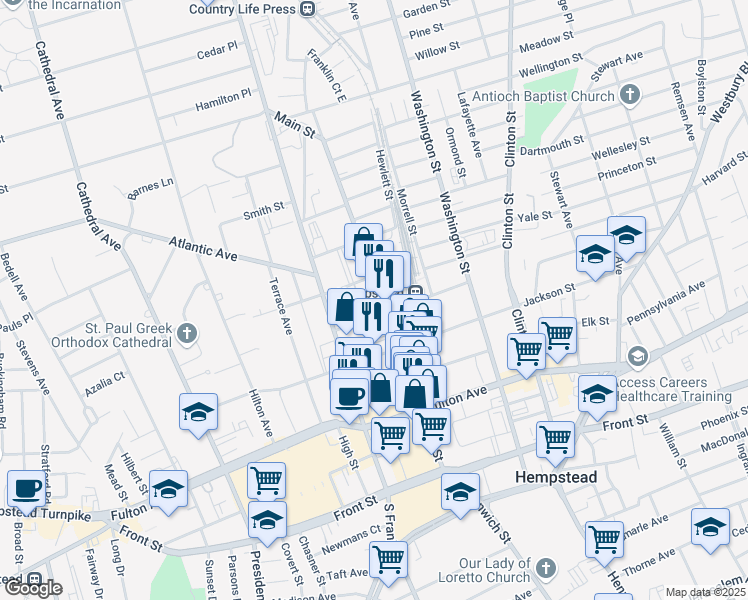 map of restaurants, bars, coffee shops, grocery stores, and more near 159 Main Street in Hempstead