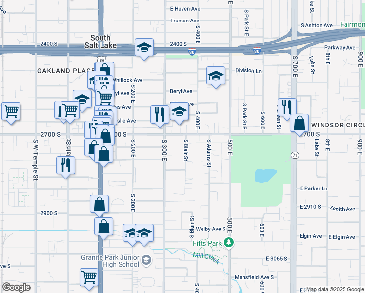 map of restaurants, bars, coffee shops, grocery stores, and more near 2716 South Blair Street in South Salt Lake