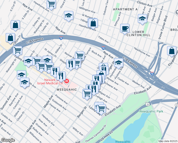 map of restaurants, bars, coffee shops, grocery stores, and more near 165 Scheerer Avenue in Newark