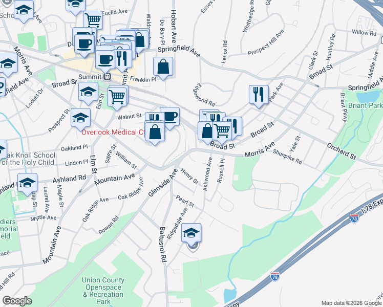 map of restaurants, bars, coffee shops, grocery stores, and more near 144 Morris Avenue in Summit