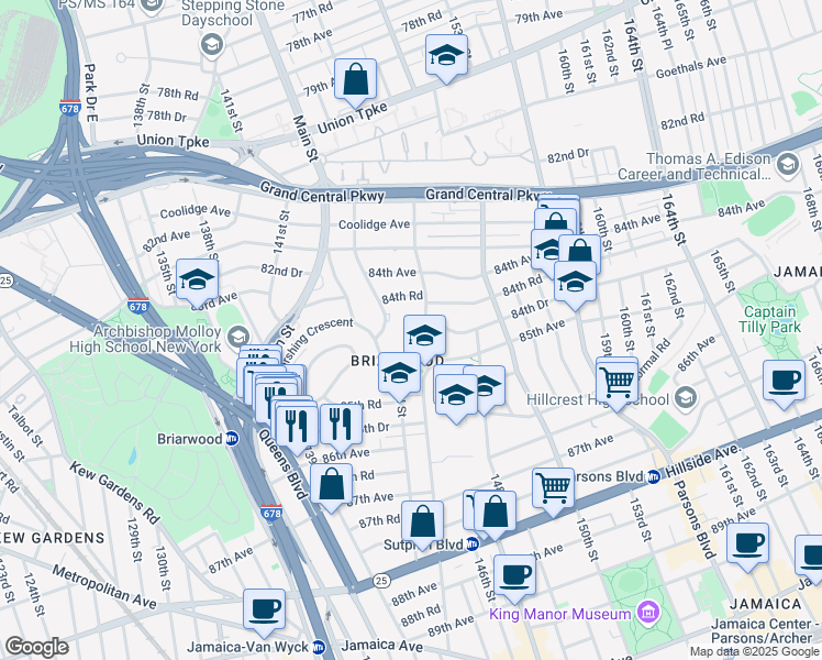 map of restaurants, bars, coffee shops, grocery stores, and more near 143-41 84th Drive in Queens