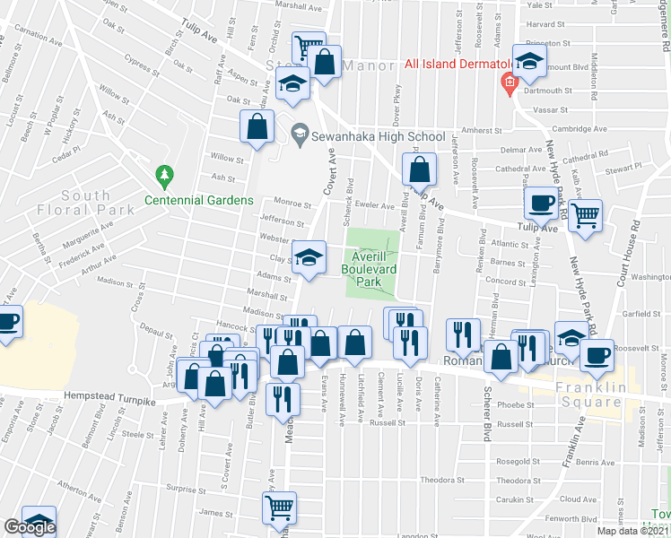 map of restaurants, bars, coffee shops, grocery stores, and more near 133 Schenck Boulevard in Floral Park