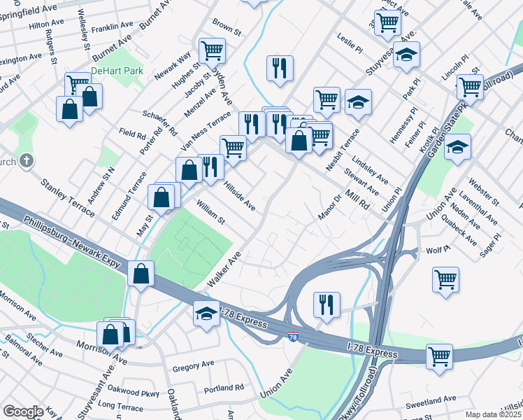 map of restaurants, bars, coffee shops, grocery stores, and more near 1750 Walker Avenue in Union