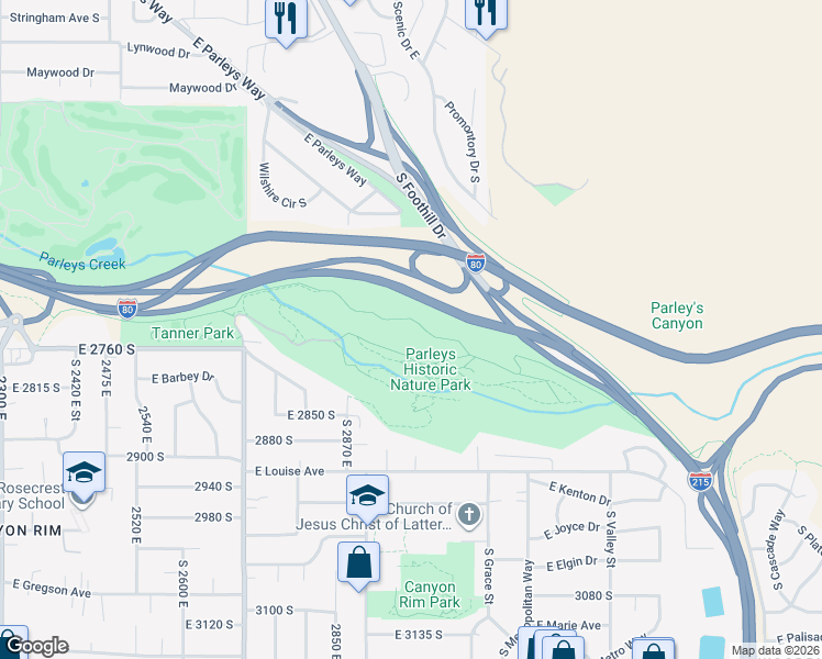 map of restaurants, bars, coffee shops, grocery stores, and more near 2833 South 2870 East in Salt Lake City