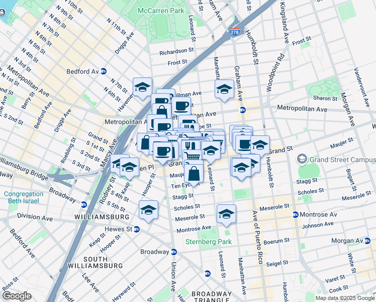 map of restaurants, bars, coffee shops, grocery stores, and more near 559 Grand Street in Brooklyn