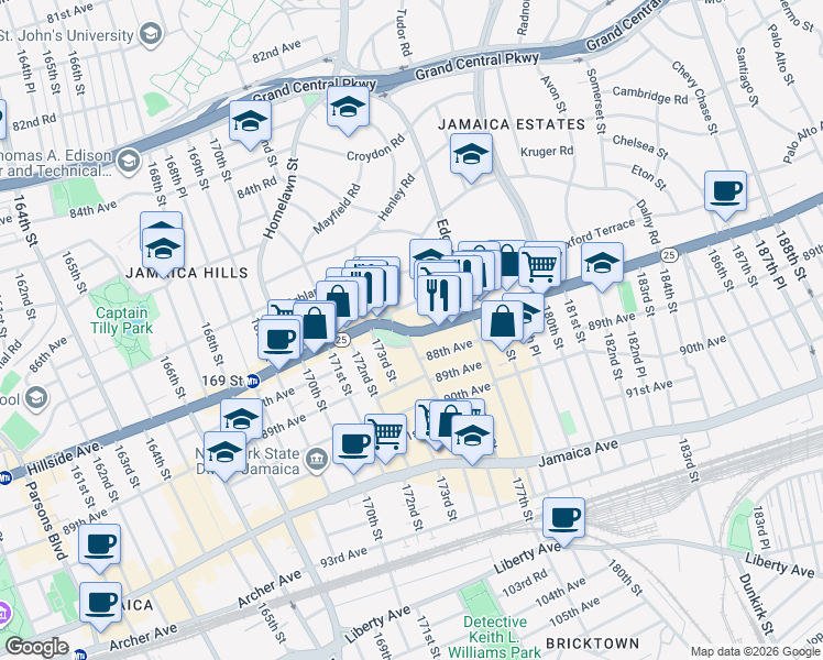 map of restaurants, bars, coffee shops, grocery stores, and more near 175-20 Wexford Terrace in Queens