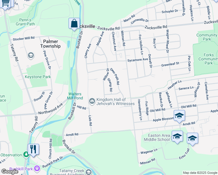 map of restaurants, bars, coffee shops, grocery stores, and more near 1375 Owls Nest Road in Easton