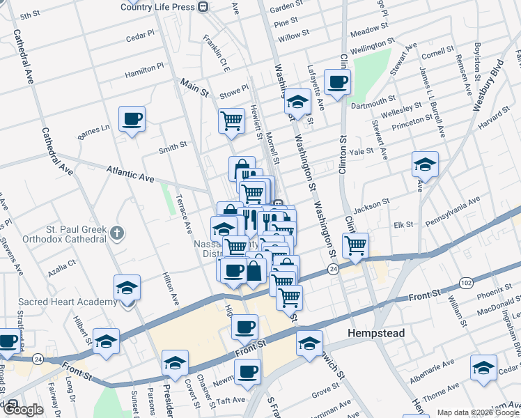 map of restaurants, bars, coffee shops, grocery stores, and more near 156 Main Street in Hempstead