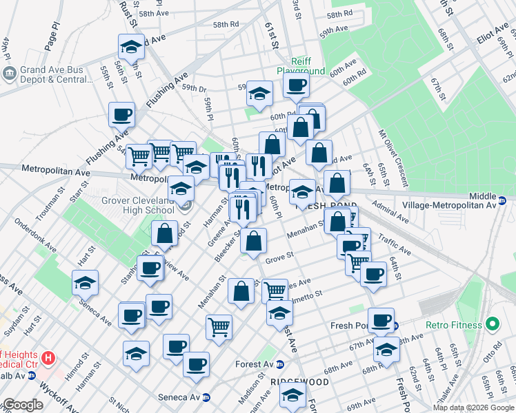map of restaurants, bars, coffee shops, grocery stores, and more near 62-71 Forest Avenue in Queens