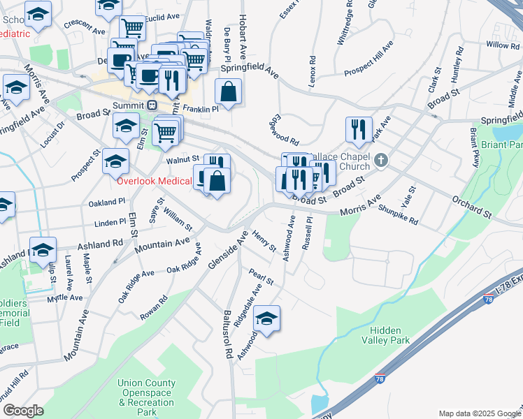 map of restaurants, bars, coffee shops, grocery stores, and more near 151 Morris Avenue in Summit