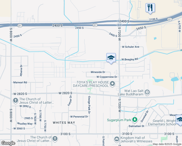 map of restaurants, bars, coffee shops, grocery stores, and more near 7347 Mineside Drive in Magna