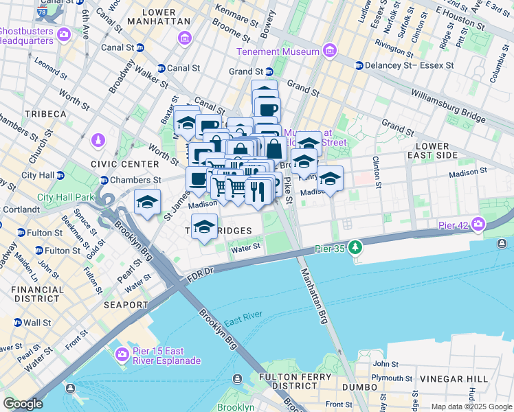 map of restaurants, bars, coffee shops, grocery stores, and more near 49 Market Street in New York