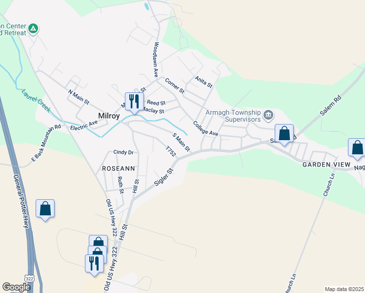 map of restaurants, bars, coffee shops, grocery stores, and more near 156 South Main Street in Milroy