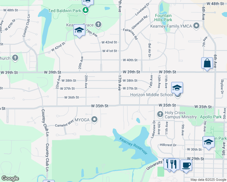 map of restaurants, bars, coffee shops, grocery stores, and more near 1701 West 35th Street in Kearney