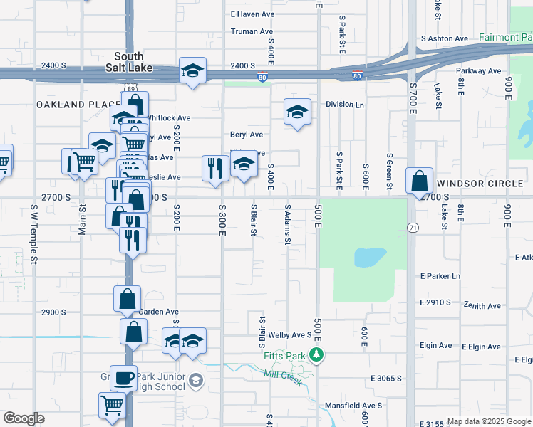 map of restaurants, bars, coffee shops, grocery stores, and more near 2751 South Blair Street in South Salt Lake