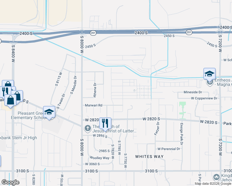 map of restaurants, bars, coffee shops, grocery stores, and more near 7846 West 2820 South in Magna