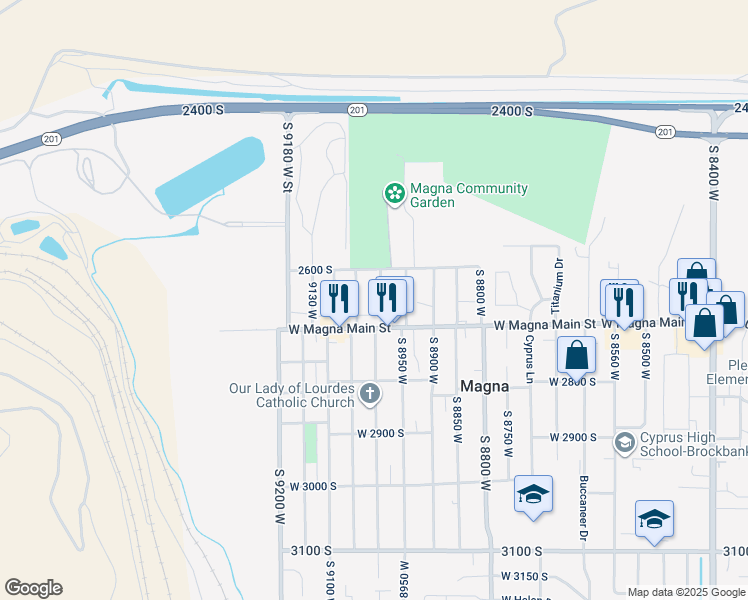 map of restaurants, bars, coffee shops, grocery stores, and more near 2681 South 9040 West Street in Magna