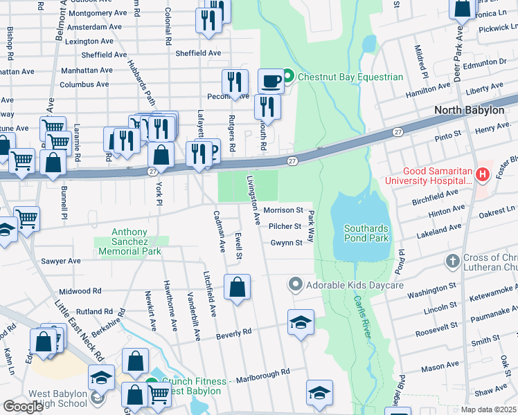 map of restaurants, bars, coffee shops, grocery stores, and more near 356 Livingston Avenue in Babylon