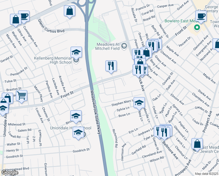 map of restaurants, bars, coffee shops, grocery stores, and more near 82 Mitchell Avenue in East Meadow